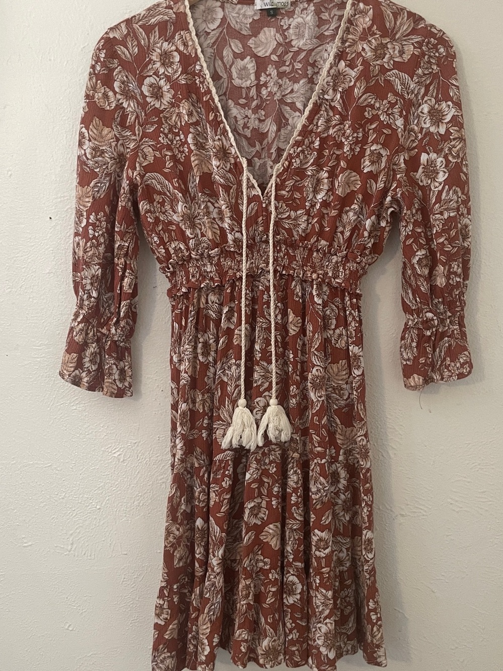 Wild Moss Rayon Boho Floral Tassel Mini Dress Smocked Rust Cream Women’s S